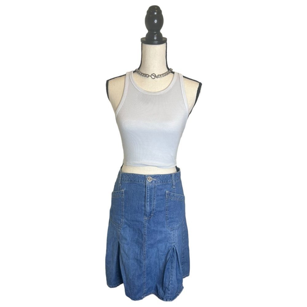 Y2K French Cuff Pleated Mid Wash Blue Denim Midi Skirt Size 14